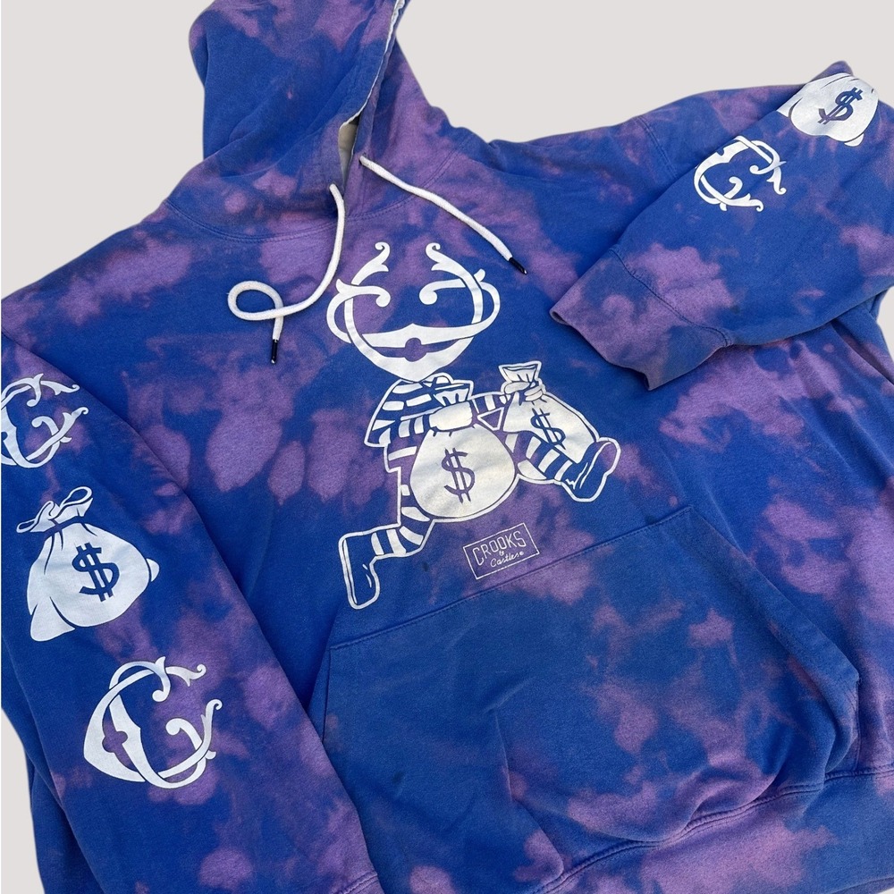 Crooks & Castles Hoodie 5XL Blue Purple Custom Bleach Tie Dye Money Monopoly